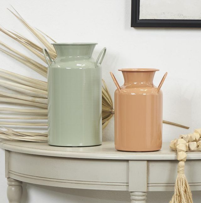 Deco Marche 2-Piece Green/Orange Metal Jug Vase with Handles Set-4