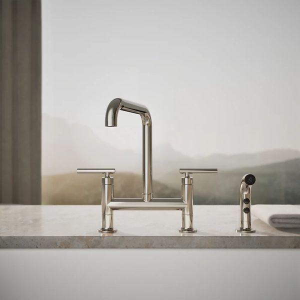 KOHLER® Purist® Vibrant Polished Nickel 2-Hole Bridge Kitchen Sink Faucet with Side Sprayer-3