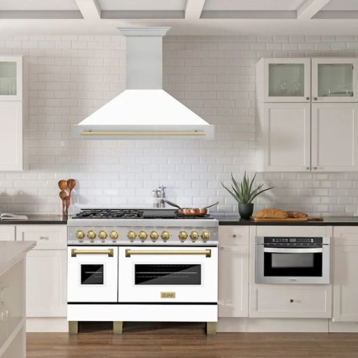 ZLINE Autograph Edition 48" White Matte Wall Mounted Range Hood with White Matte Shell and Champagne Bronze Handle-1