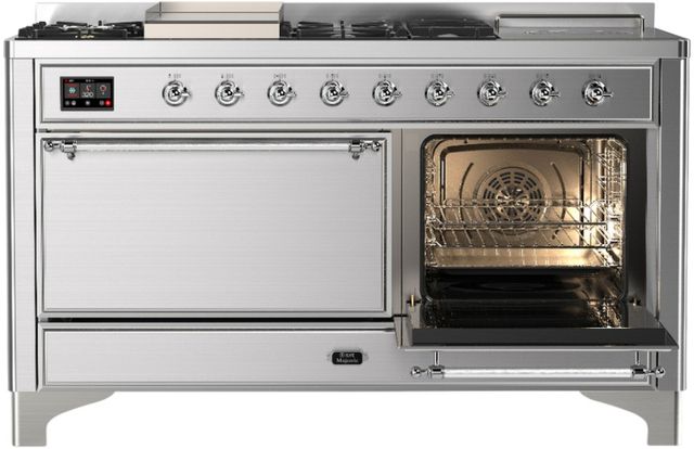 Ilve® Majestic III 60'' Stainless Steel Pro Style Dual Fuel Liquid Propane Range with Solid Door and Chrome Trim-3