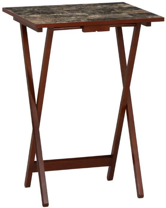Linon Talia 5-Piece Faux Marble Tray Table with Brown Base Set-3