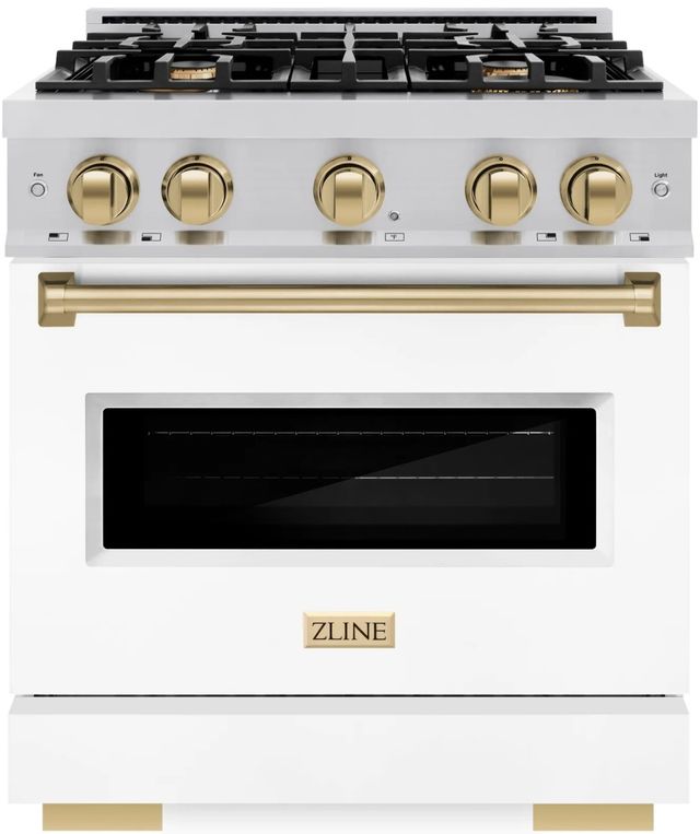 ZLINE Classic Autograph Edition 30" Stainless Steel Pro Style Dual Fuel Range with White Matte Door and Champagne Bronze Accents-0