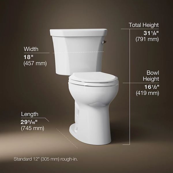 KOHLER® Highline® White 2-Piece Right-Hand Trip Elongated Toilet, 1.28 Gpf with Insuliner® Tank and 2" Fully Glazed Trapway-4