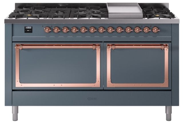 Ilve® Nostalgie II Noblesse 60'' Blue Gray Pro Style Dual Fuel Range with Copper Trim-0