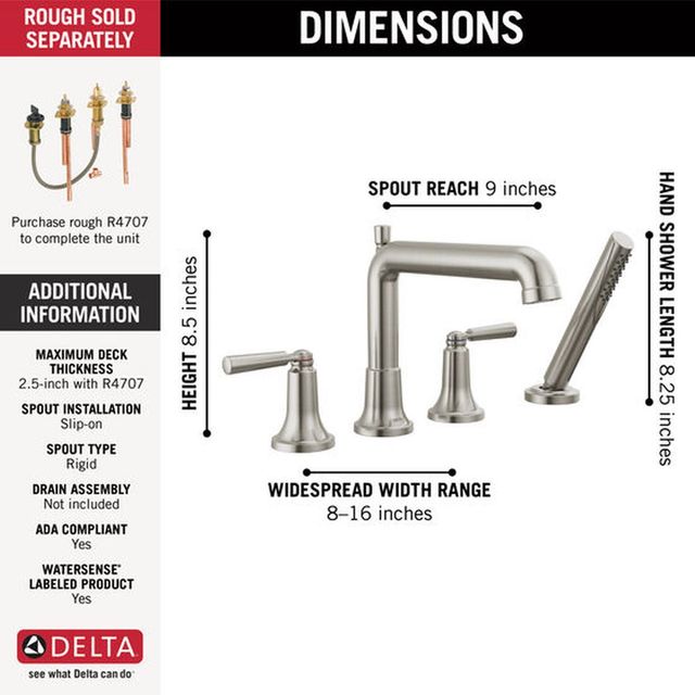 Delta Saylor® Stainless 2-Handle Roman Tub Trim with Hand Shower-3