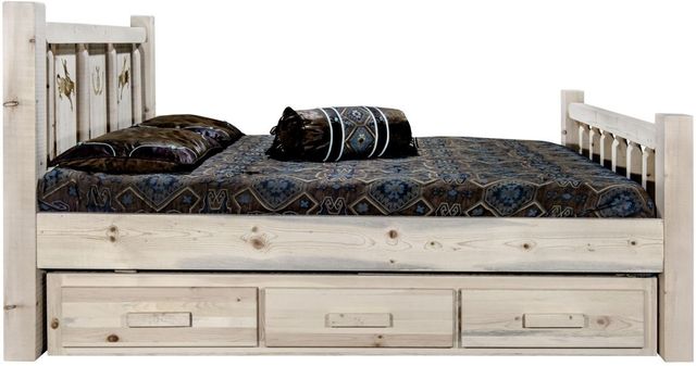 Montana Woodworks® Homestead Ready to Finish Full Storage Bed with Laser Engraved Bronc Design-2