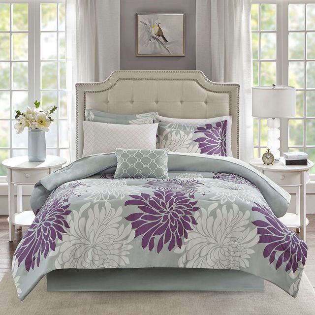 Olliix by Madison Park Essentials Purple Queen Maible Complete Comforter and Cotton Sheet Set-1