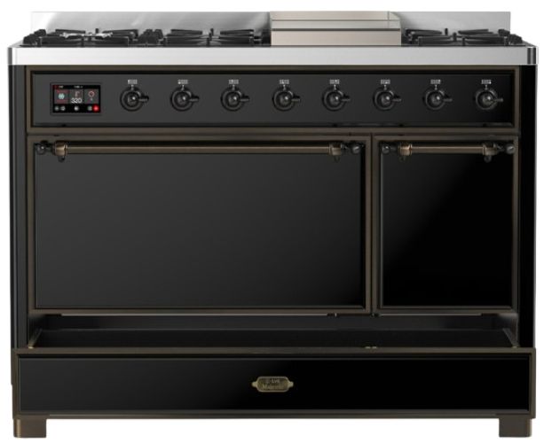 Ilve® Majestic III 48" Glossy Black Pro Style Dual Fuel Liquid Propane Range with Solid Door and Burnished Trim-2