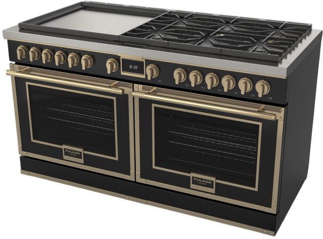 Fulgor Milano® Evoque 400 Series 60" Glossy Black Pro Style Dual Fuel Hybrid Range with Brushed Brass Trim -2