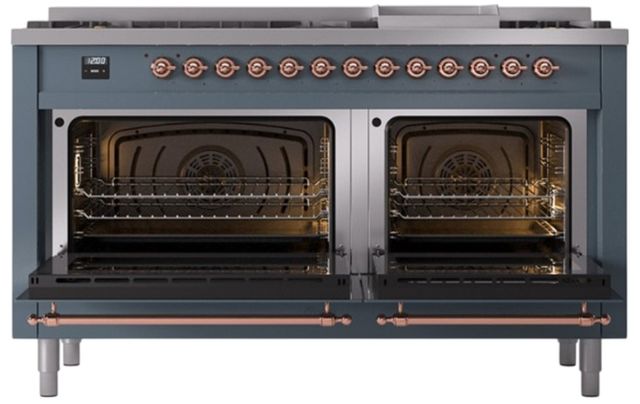 Ilve® Nostalgie II Noblesse 60'' Blue Gray Pro Style Dual Fuel Range with Copper Trim-1