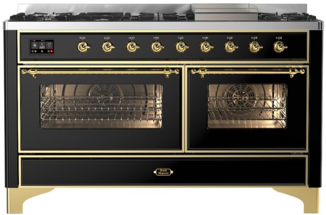 Ilve® Majestic III 60" Glossy Black Pro Style Dual Fuel Liquid Propane Range with Triple Glass Door and Brass Trim-0