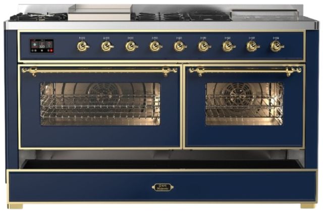 Ilve® Majestic III 60" Midnight Blue Pro Style Dual Fuel Liquid Propane Range with French Top and Brass Trim-2