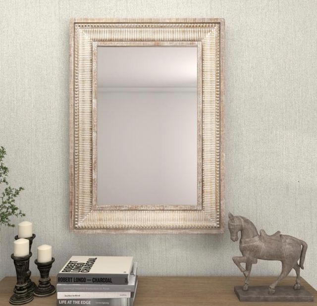 Deco Marche Brown Whitewashed Wall Mirror with Linear Gold Markings-4