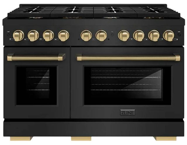 ZLINE Autograph Edition Paramount 48" Black Stainless Steel/Champagne Bronze Helix Handle Freestanding Double Oven Gas Range with 8 Burner Cooktop-0