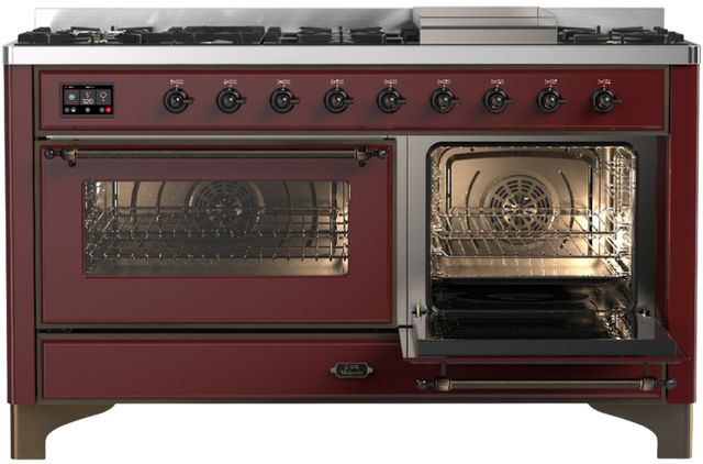 Ilve® Majestic III 60" Burgundy Pro Style Dual Fuel Liquid Propane Range with Triple Glass Door and Burnished Trim-3