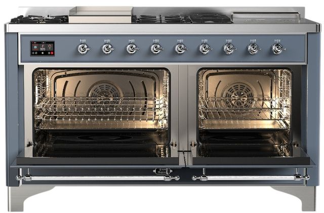 Ilve® Majestic III 60" Blue Gray Pro Style Dual Fuel Liquid Propane Range with Griddle and Chrome Trim-1