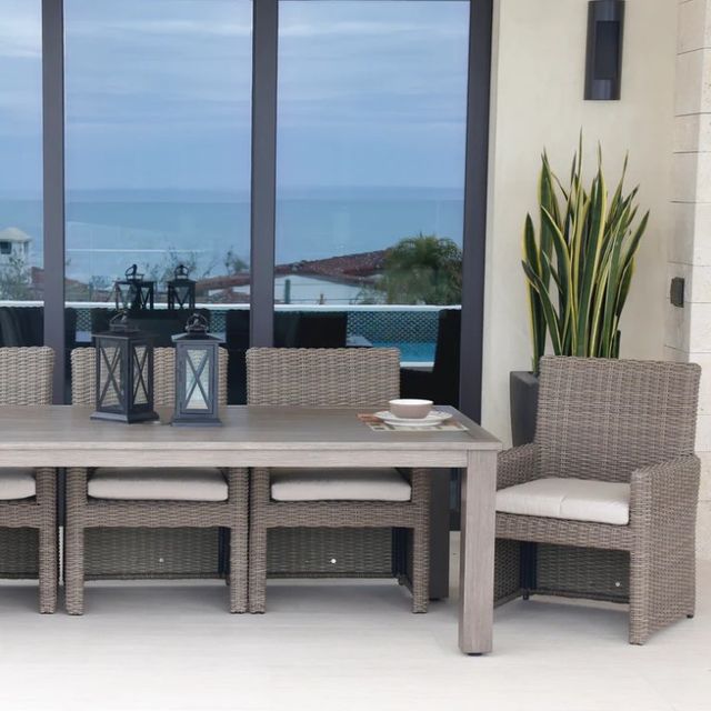Sunset West Coronado Driftwood Resin Wicker Outdoor Dining Arm Chair with Canvas Flax Cushion-4