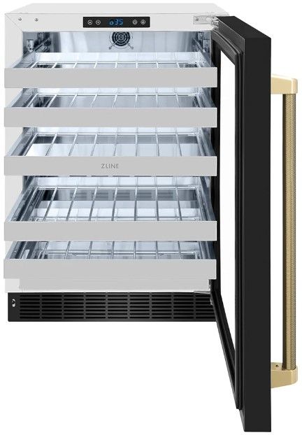 ZLINE Autograph Edition Touchstone 24 " 4.8 Cu. Ft. Black Stainless Steel Dual Zone 44 Bottle Wine Cooler with Glass Door and Polished Gold Helix Handle-1