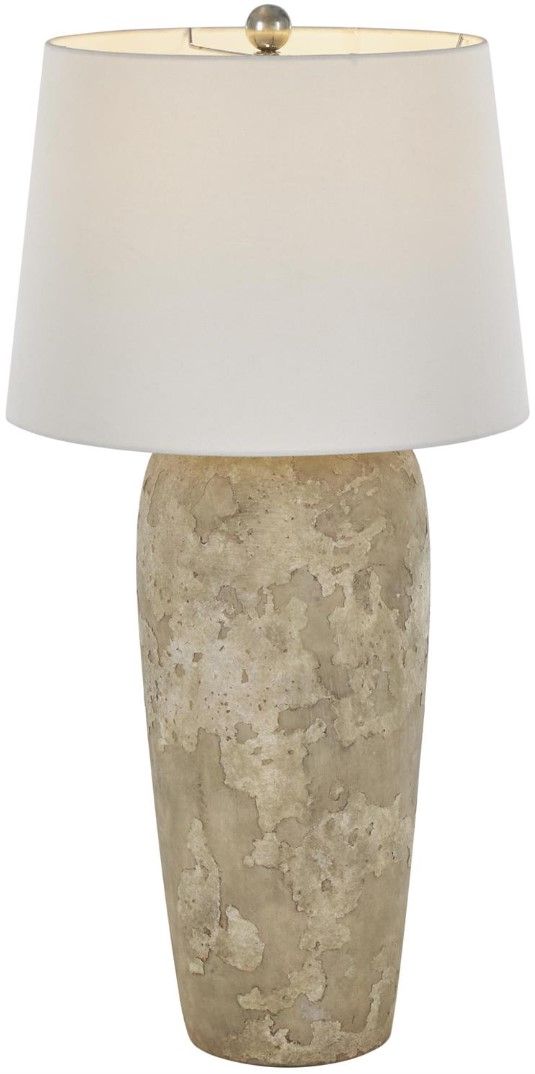 Deco Marche Light Brown Tall Distressed Antique Style Textured Room Table Lamp with Cream Linen Shade-0