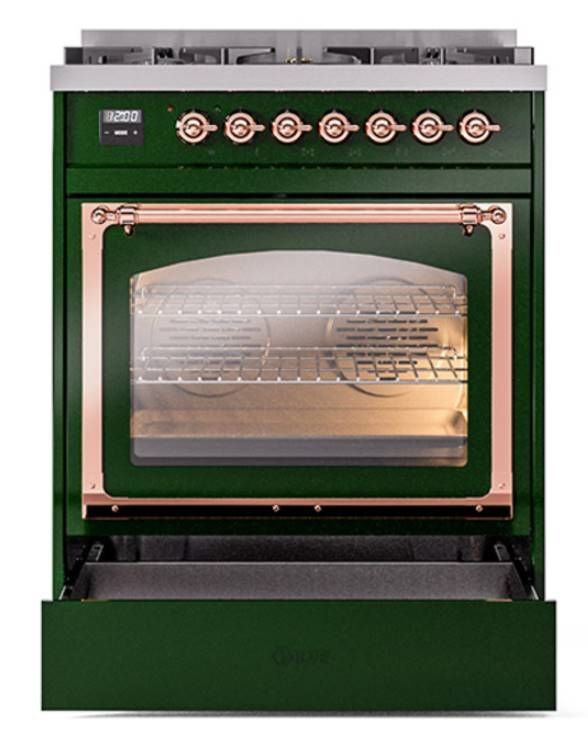 Ilve® Nostalgie II Noblesse 30" Emerald Green Pro Style Dual Fuel Range with Copper Trim-3