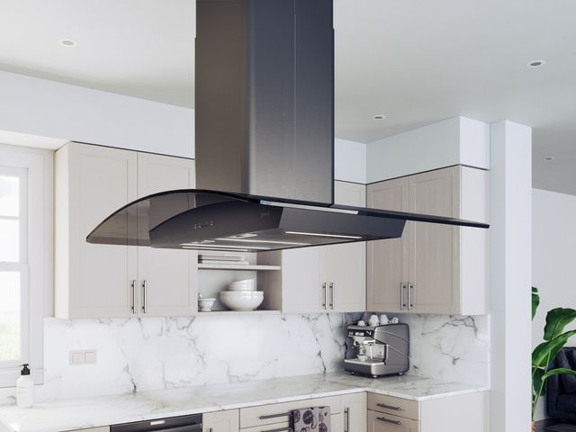 front view of an island ductless range hood in a modern kitchen