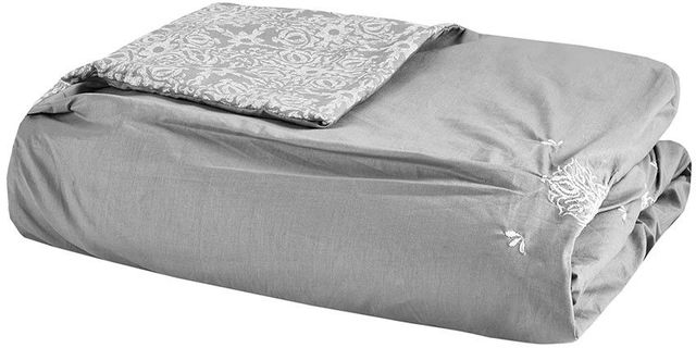Olliix by Madison Park 4 Piece Grey Full/Queen Malia Embroidered Cotton Reversible Duvet Cover Set-1