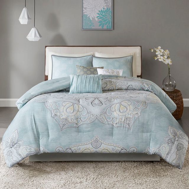 Olliix by Madison Park 7 Piece Seafoam King Lucinda Reversible Cotton Sateen Comforter Set-0