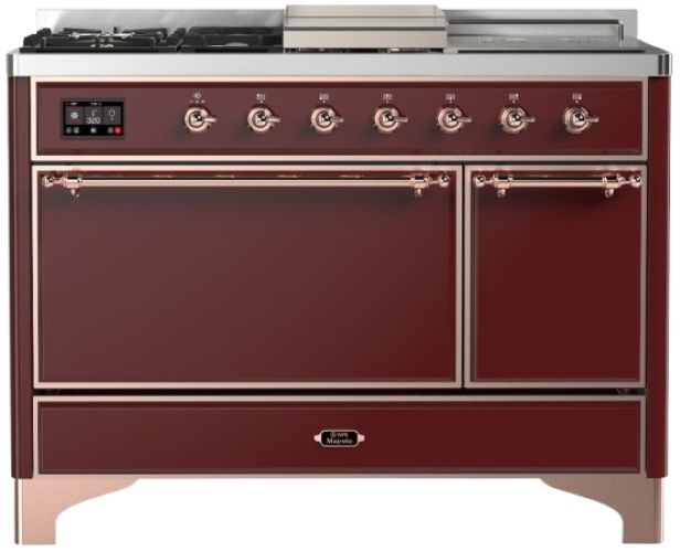 Ilve® Majestic III 48" Burgundy Pro Style Dual Fuel Natural Gas Range with French Top and Copper Trim-0