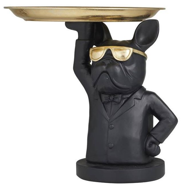 Deco Marche Black Bulldog Decorative Sculpture with Gold Tray Top-1