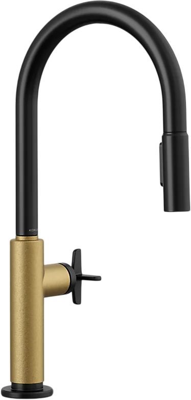 KOHLER® Billet® Brushed Moderne Brass/Matte Black Kitchen Sink Faucet with 2-Function Sprayhead and Cross Handle-0