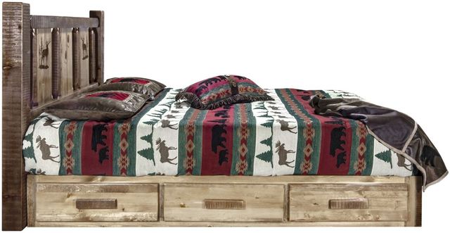 Montana Woodworks® Homestead Stain & Clear Lacquer Queen Platform Storage Bed with Laser Engraved Elk Design-2