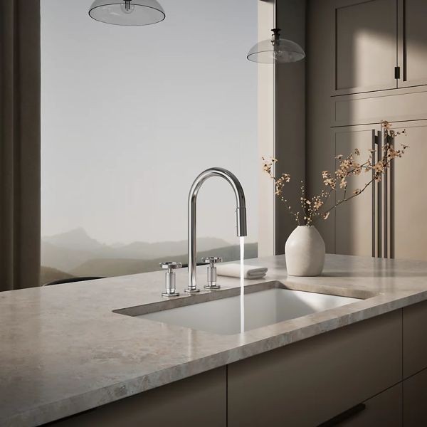KOHLER® Billet® Polished Chrome Kitchen Sink Faucet with 2-Function Sprayhead and Round Handles-2