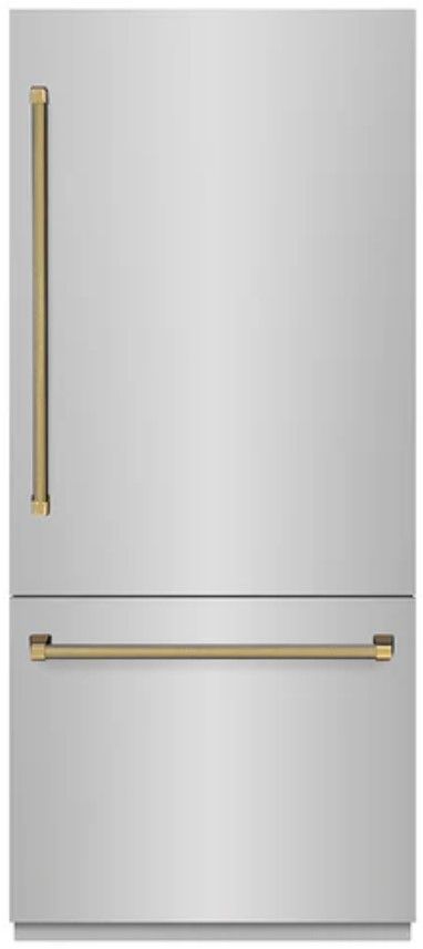 ZLINE Autograph Edition 36" 19.8 Cu. Ft. Stainless Steel Built In Bottom Freezer Refrigerator with Water Dispenser, Ice Maker, Graphite Gray Interior and Polished Gold Helix Handles-0