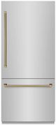 ZLINE Autograph Edition 36" 19.8 Cu. Ft. Stainless Steel Built In Bottom Freezer Refrigerator with Polished Gold Helix Handles and Water Dispenser-0