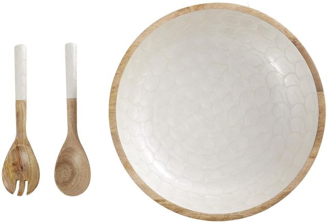 Deco Marche 3-Piece Brown/Cream Mango Wood Handmade Decorative Bowl with Utensils Set-1