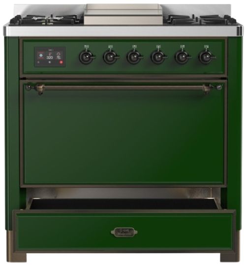 Ilve® Majestic III 36" Emerald Green Pro Style Dual Fuel Liquid Propane Range with Solid Door and Burnished Trim-2