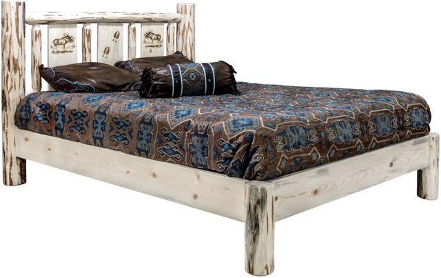 Montana Woodworks® Montana Collection  Clear Lacquer Full Platform Bed with Laser Engraved Moose Design-0