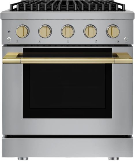 Hauslane HausPro Range 30" Stainless Steel Pro-Style Gas Range with Satin Brass Knobs-0
