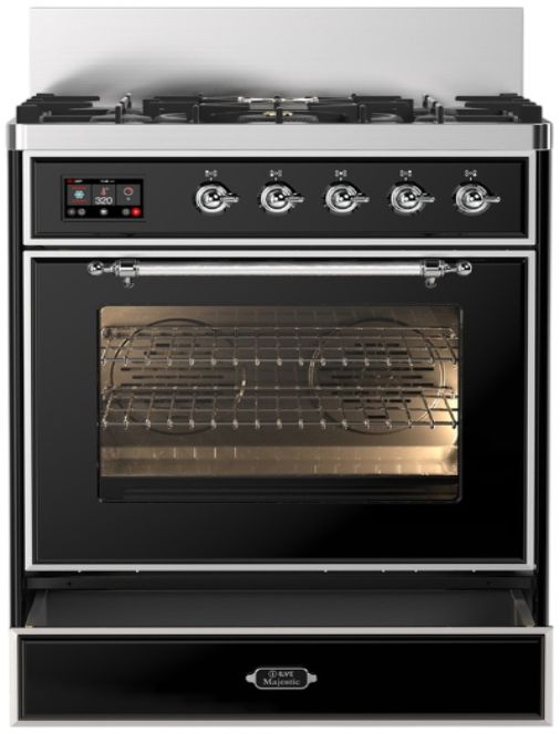 Ilve® Majestic III 30" Glossy Black Pro Style Dual Fuel Natural Gas Range with Triple Glass Door and Chrome Trim-1