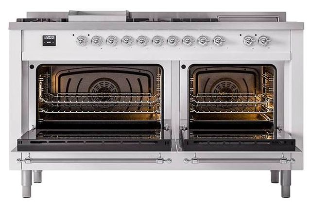 Ilve® Nostalgie II Noblesse 60'' White Pro Style Dual Fuel Range with Chrome Trim-1