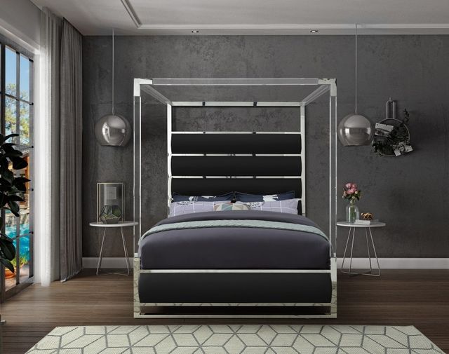 Meridian Furniture Encore Black Queen Vegan Leather Upholstered Canopy Bed-2