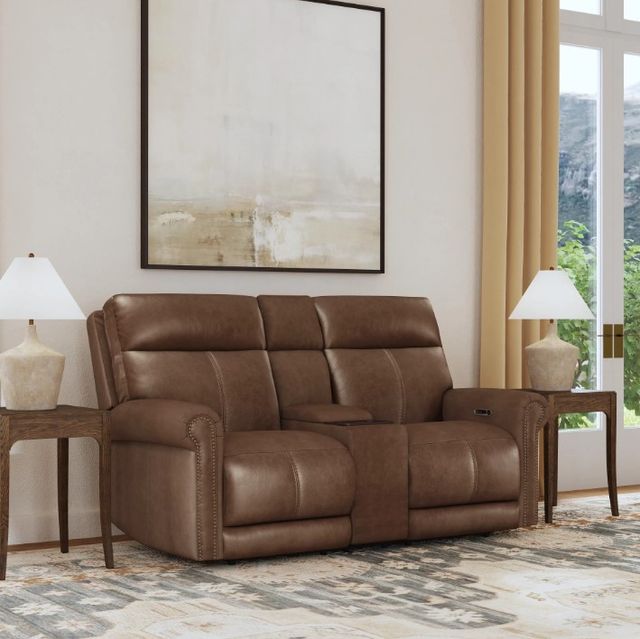 Flexsteel® Alexander Khaki Brown Power Reclining Loveseat with Console, Power Headrest and Lumbar-1