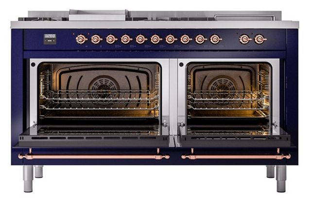 Ilve® Nostalgie II Noblesse 60'' Midnight Blue Pro Style Dual Fuel Range with Copper Trim-2
