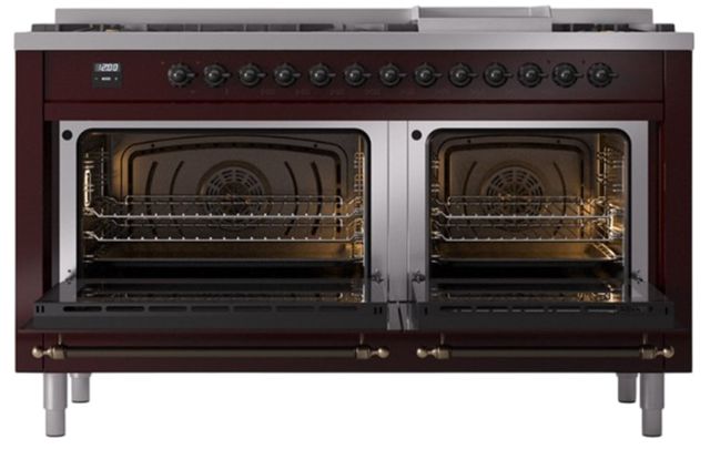 Ilve® Nostalgie II Noblesse 60'' Burgundy Pro Style Dual Fuel Range with Burnished Trim-1