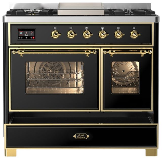 Ilve® Majestic III 40" Glossy Black Pro Style Dual Fuel Natural Gas Range with Triple Glass Door and Brass Trim-2