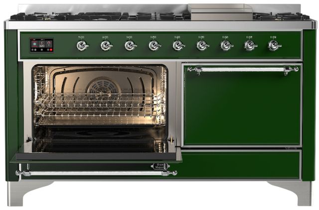 Ilve® Majestic III 60" Emerald Green Pro Style Dual Fuel Natural Gas Range with Solid Door and Chrome Trim-2