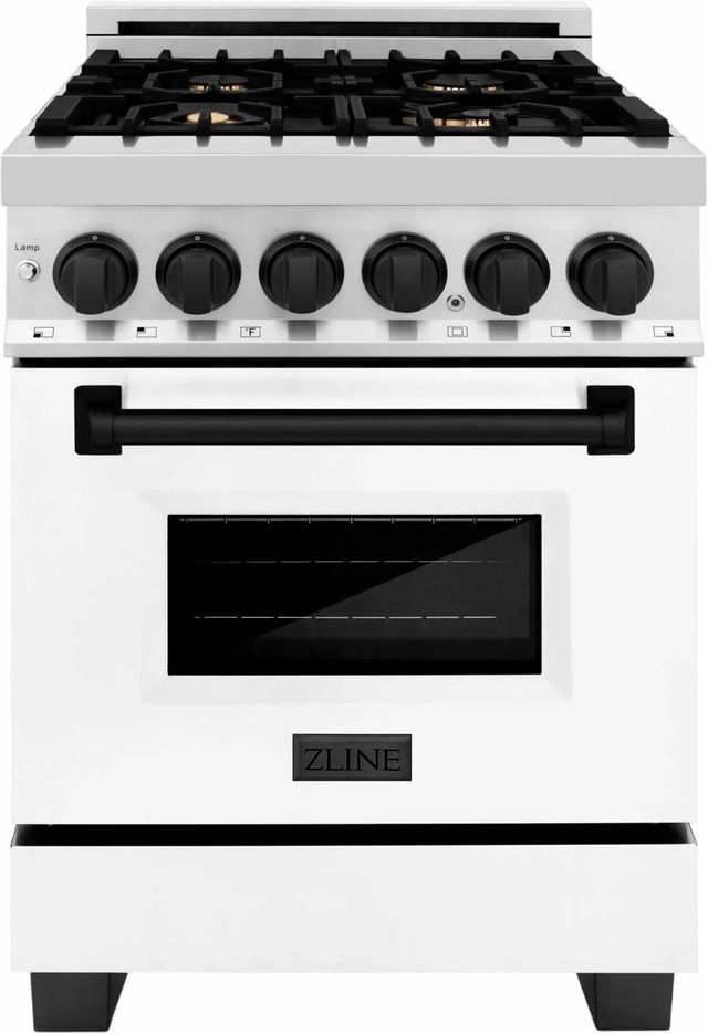 ZLINE Autograph Edition 24" Stainless Steel Pro Style Dual Fuel Range with White Matte Door and Matte Black Accents-0