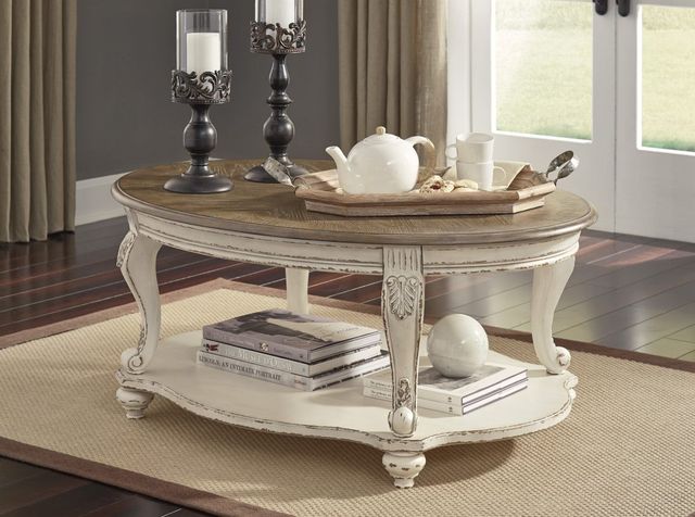 Signature Design by Ashley® Realyn Distressed Wood Oval Cocktail Table with Chipped White Base-4