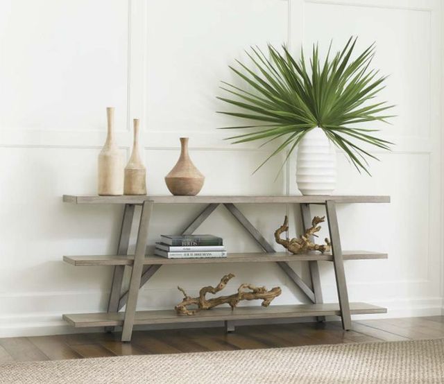 Hammary® West Fork Bailey Aged Taupe Console Table with Nickel Base-1