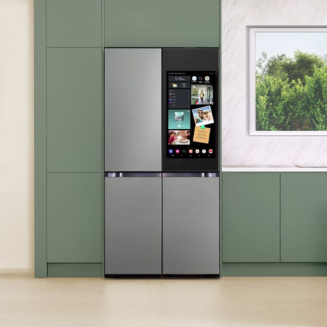 Family hub interface on a smart refrigerator door Family hub interface on a smart refrigerator door